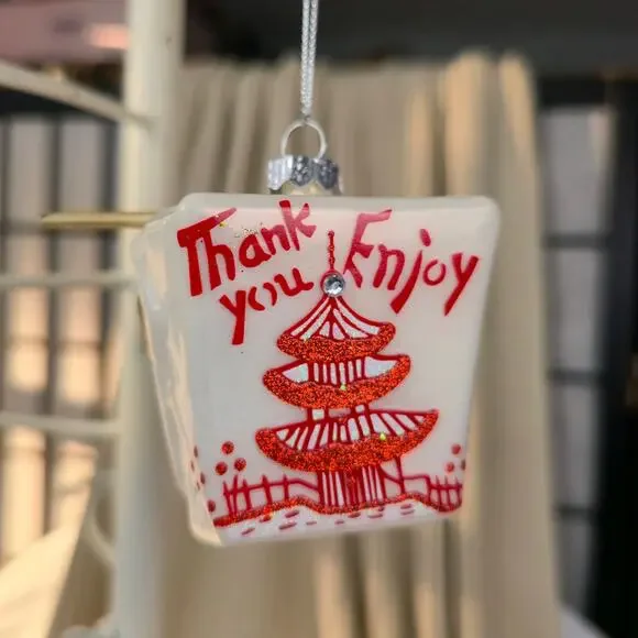 Chinese Take Out Box with Chopsticks Blown Glass Christmas Ornament Foodie - Picture 3 of 6